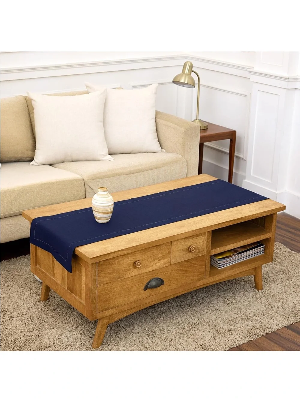 Solino Home 100% Pure Linen Table Runner Navy, Classic Hemstitch 14 x 48 in new